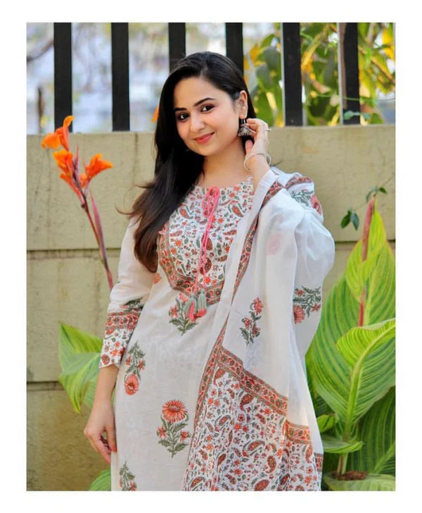 Ethnic Set Women Block Printed Kurta and Pant Set with Dupatta