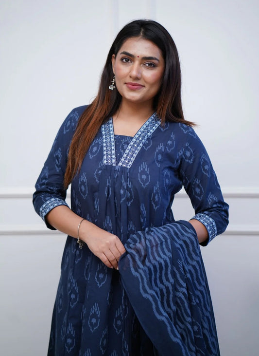 Women Blue Anarkali Kurta And Pant Set With Dupatta