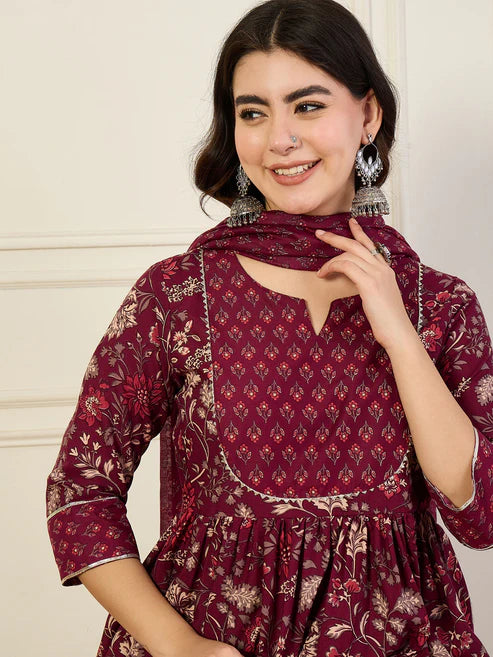 Floral Printed Anarkali Maroon Kurta and Pant Set With Dupatta