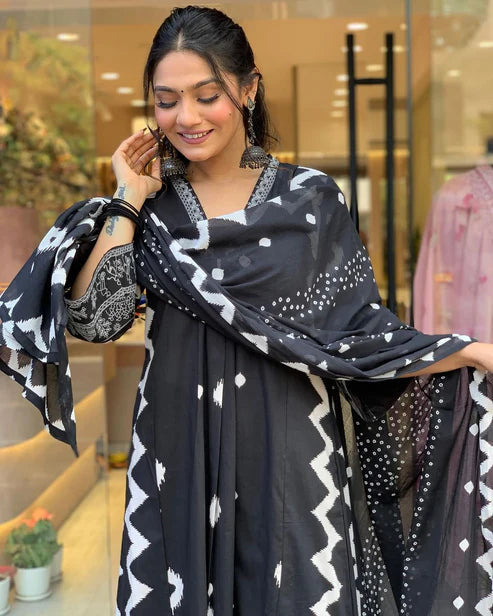 Printed A-Line Black Kurta and Pant Set With Dupatta