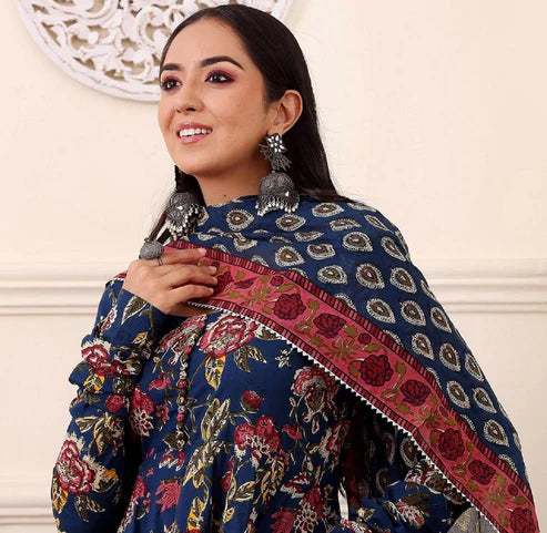 Printed Anarkali Blue Kurta and Pant Set With Dupatta