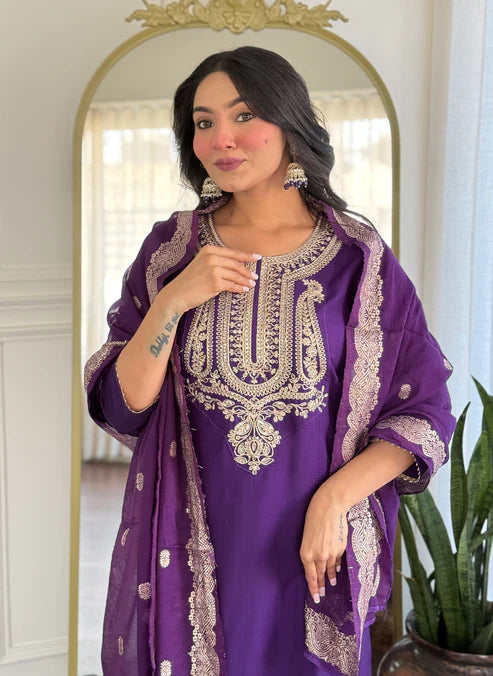 Embroidery Kurta Set – Ethnic Festive Wear (Kurta + Pants + Dupatta)
