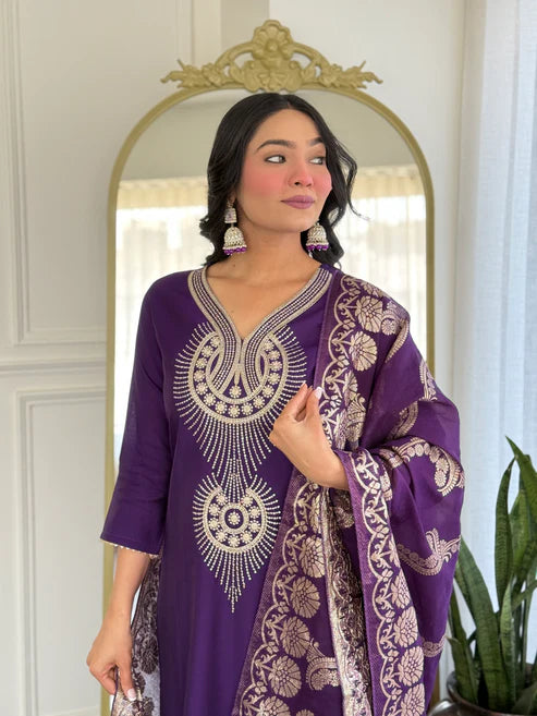 Elegant Solid Embroidered Kurta Set for Women – Festive Wear with Dupatta