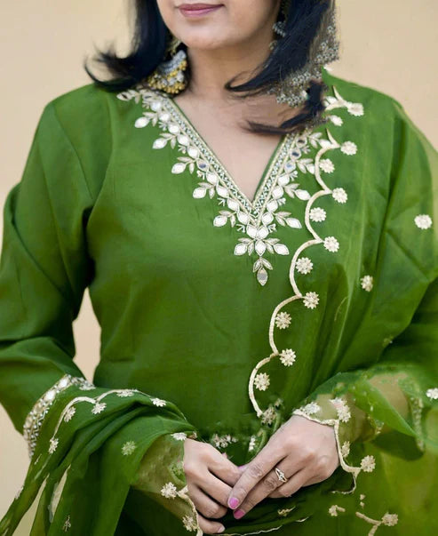 Embroidered Straight Kurta And Pant Set With Dupatta