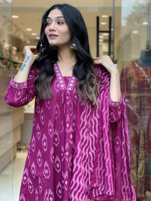 Printed A-Line Pink Kurta and Pant Set With Dupatta
