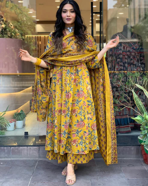 Printed A-Line Yellow Kurta and Pant Set With Dupatta