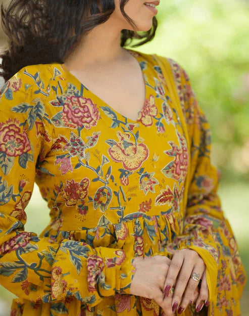 Printed Floral Anarkali Yellow Kurta and Pant Set With Dupatta