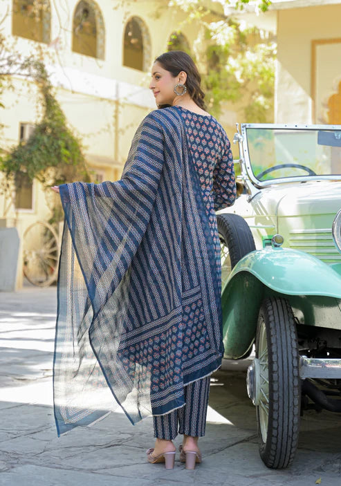 Printed Straight Blue Kurta And Pant Set With Dupatta