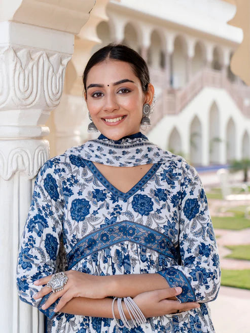 Kalamkari Printed Anarkali Kurta and Pant Set With Dupatta