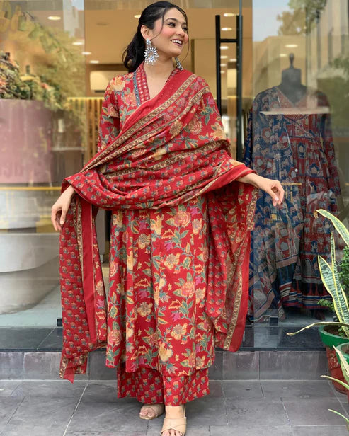 Printed A-Line Red Kurta and Pant Set With Dupatta