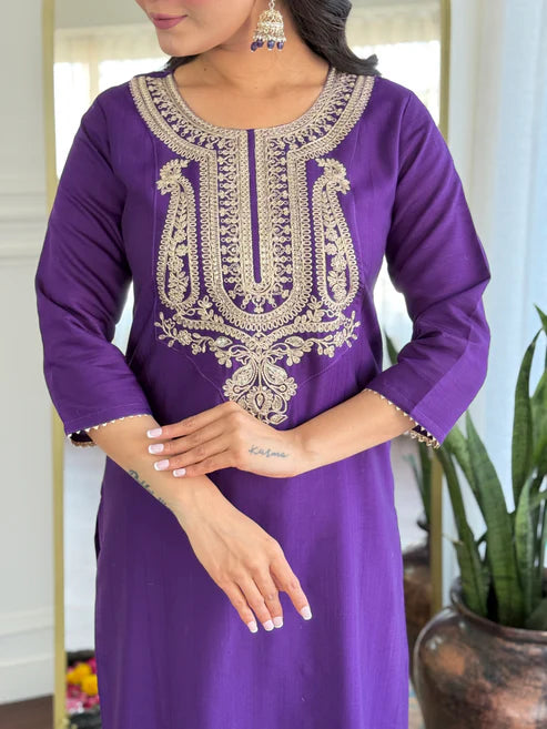 Embroidery Kurta Set – Ethnic Festive Wear (Kurta + Pants + Dupatta)