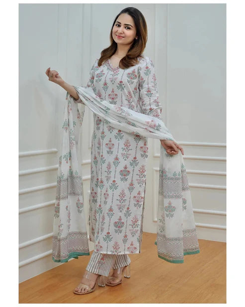 Ethnic Set Women Block Printed Kurta and Pant Set With Dupatta
