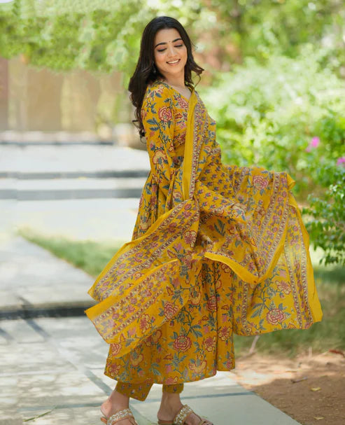 Printed Floral Anarkali Yellow Kurta and Pant Set With Dupatta