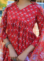 Women Viscose Red Anarkali Kurta And Pant Set With Dupatta