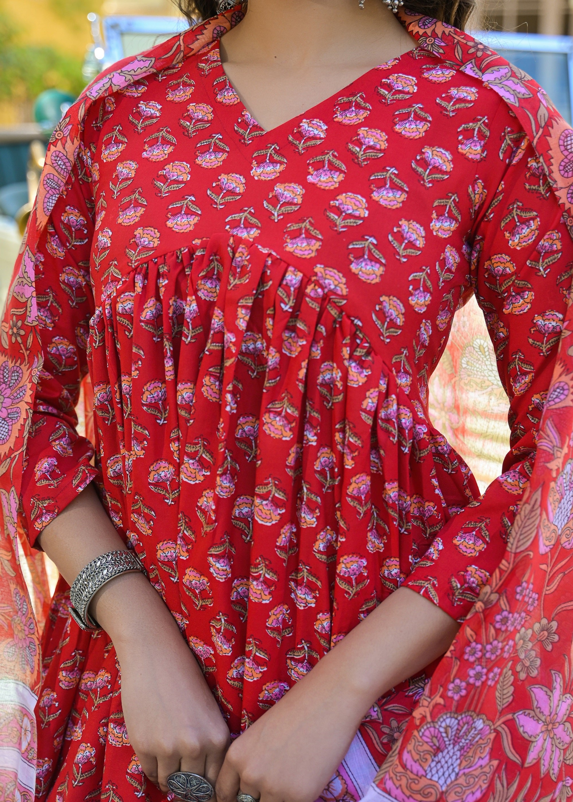 Women Viscose Red Anarkali Kurta And Pant Set With Dupatta