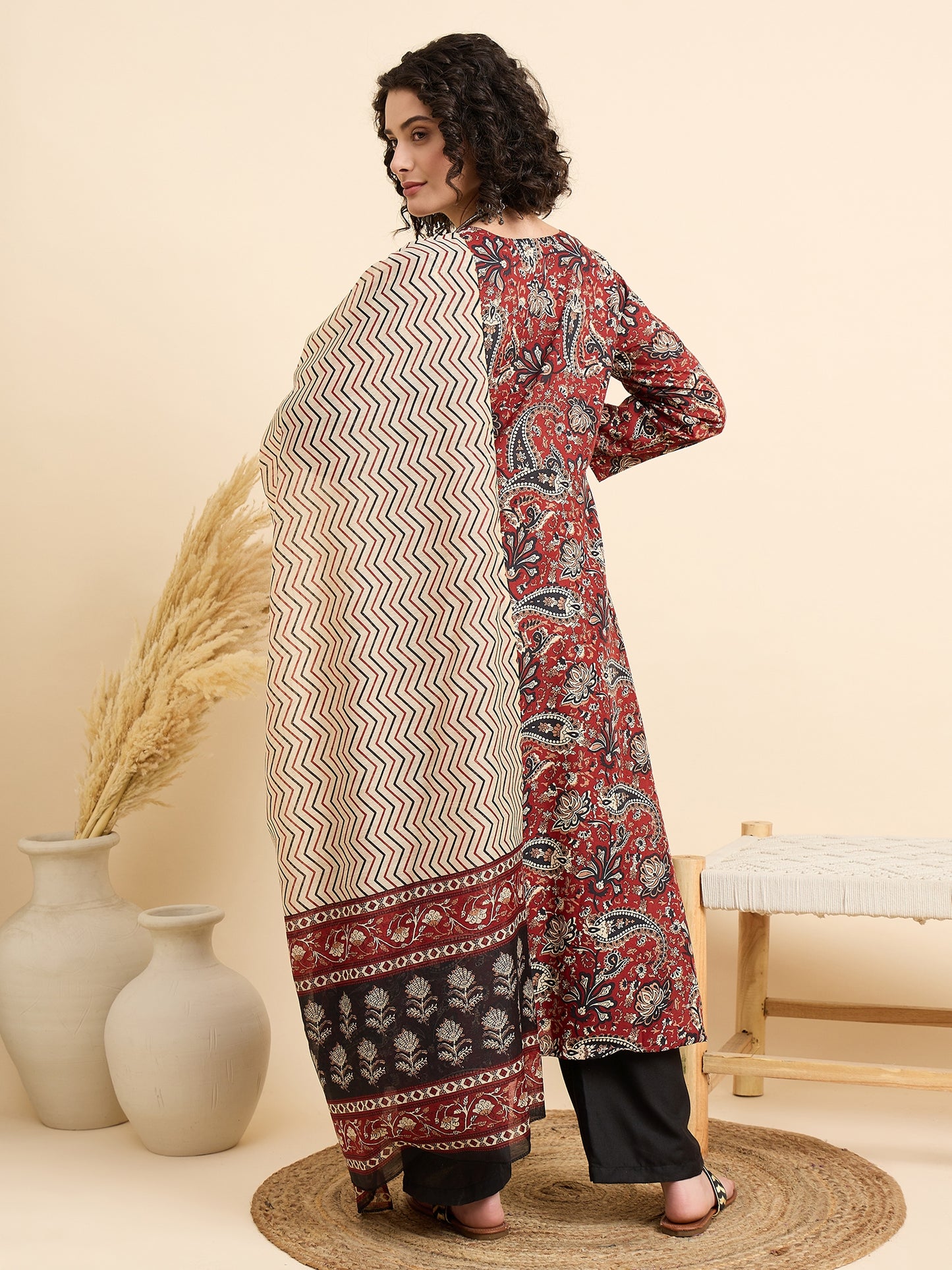 Women Viscose Maroon Anarkali Kurta And Pant Set With Dupatta