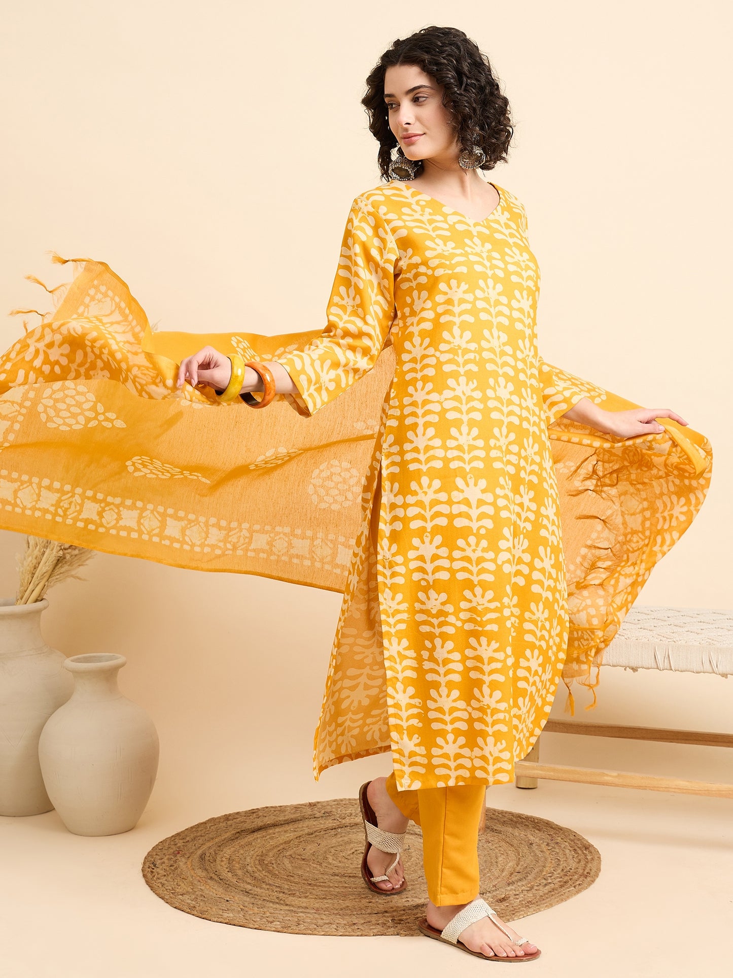 Women Viscose Yellow Straight Kurta And Pant Set With Dupatta