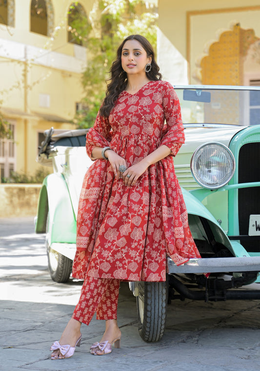 Women Viscose Red Anarkali Kurta And Pant Set With Dupatta