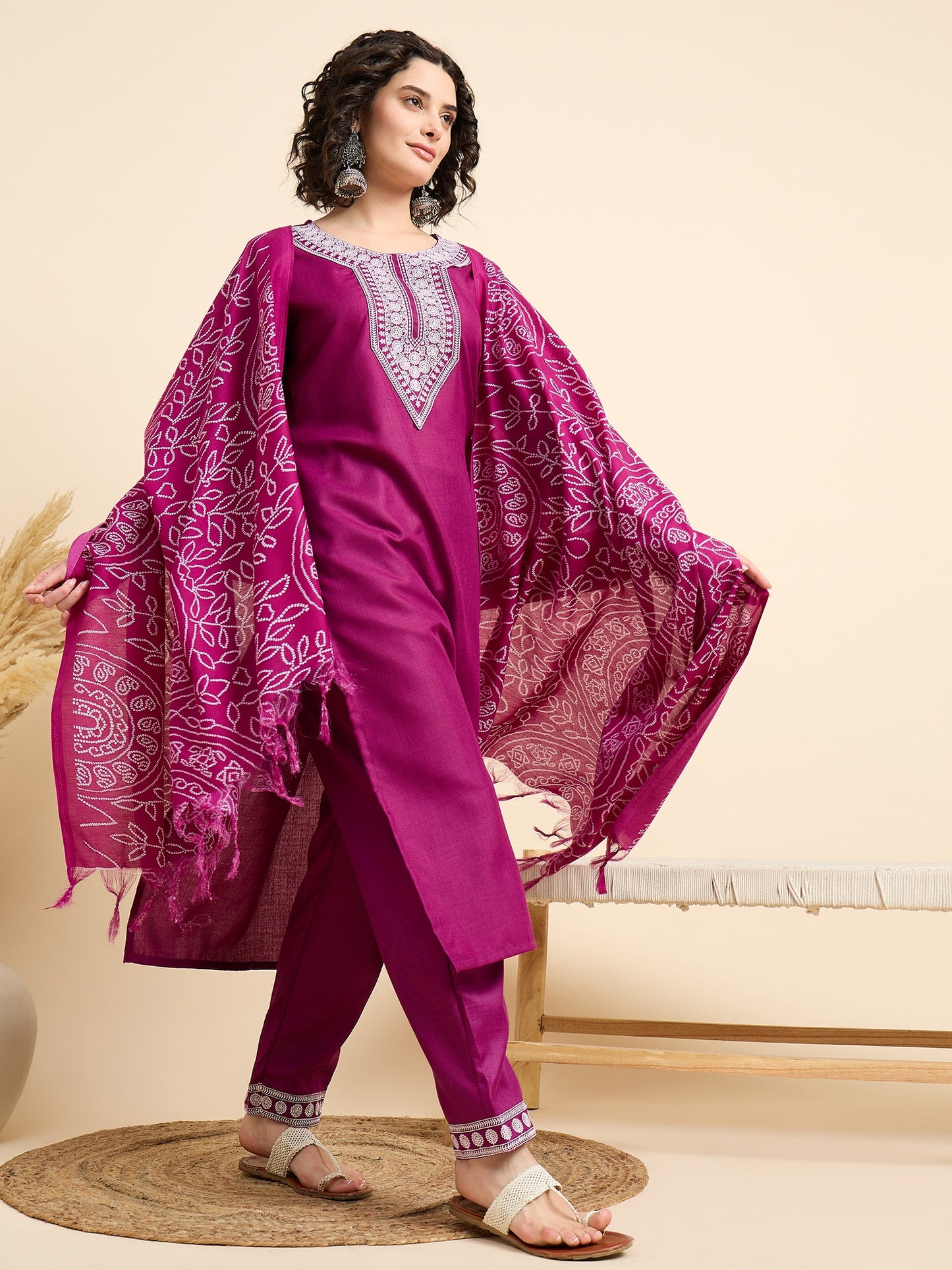 Women Embroidered Straight Pink Kurta And Pant set with Dupatta