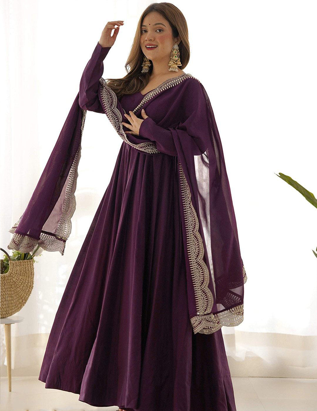 Solid Anarkali Gown With Embroidered Dupatta