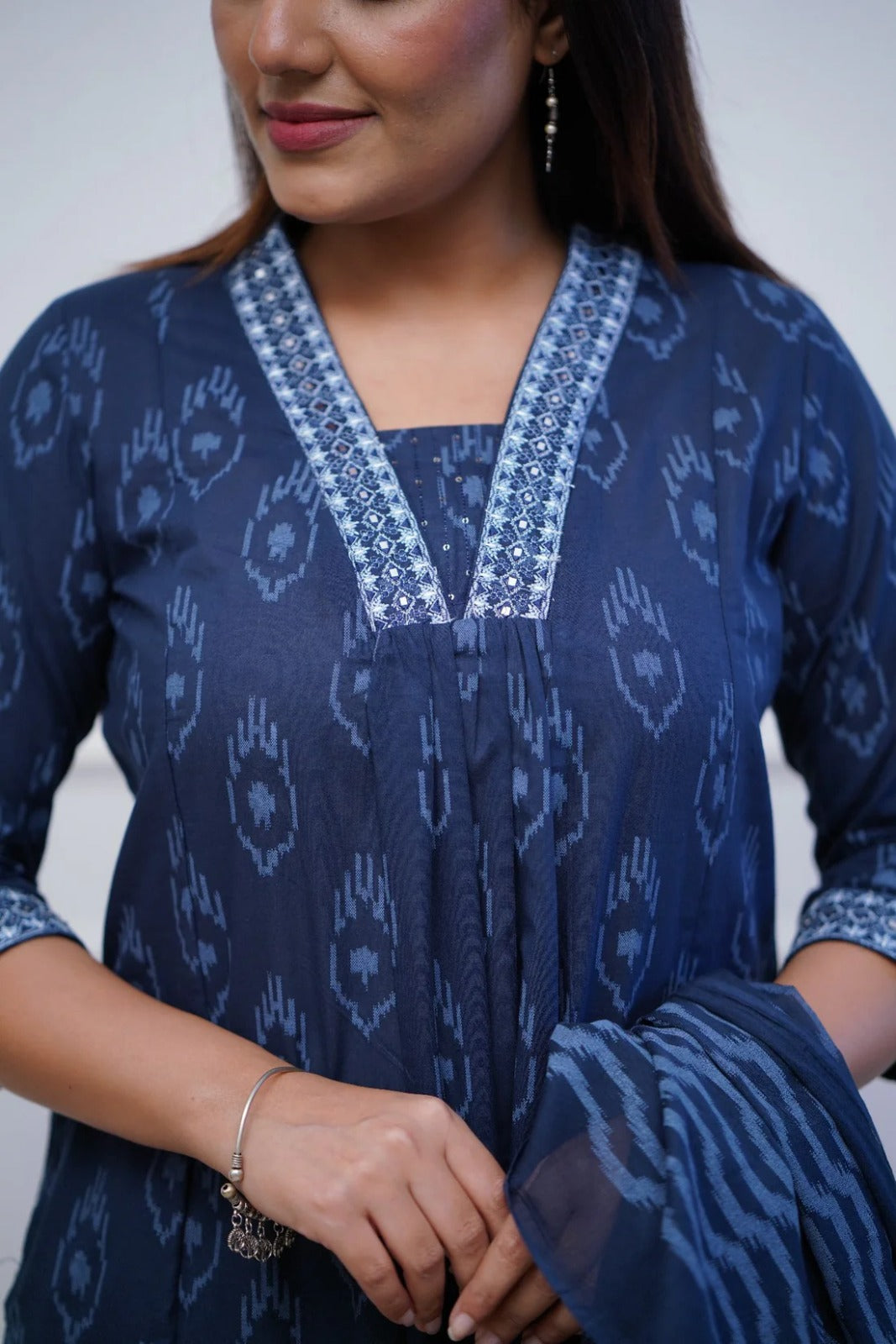 Women Blue Anarkali Kurta And Pant Set With Dupatta