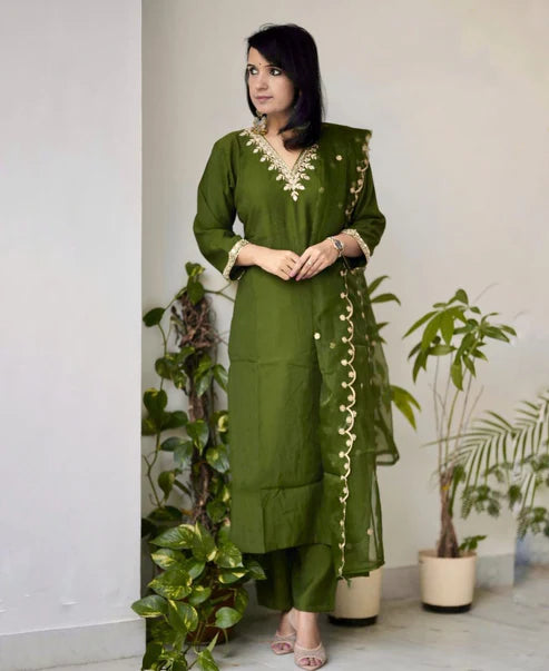 Embroidered Straight Kurta And Pant Set With Dupatta