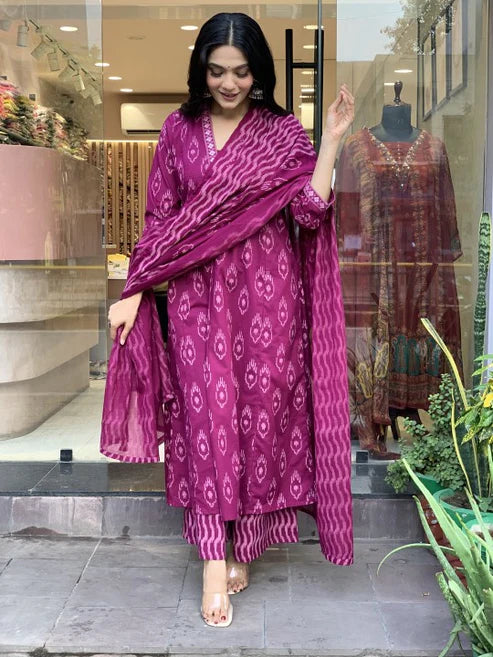 Printed A-Line Pink Kurta and Pant Set With Dupatta