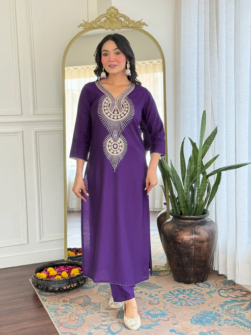Elegant Solid Embroidered Kurta Set for Women – Festive Wear with Dupatta
