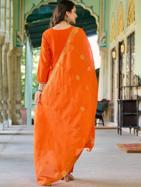 Embroidered Straight Kurta And Pant Set With Dupatta