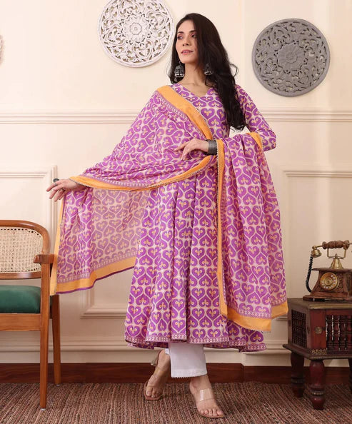 Printed Anarkali Kurta and Pant Set With Dupatta