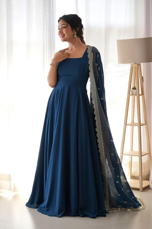 Solid Georgette Stitched Anarkali Gown With Dupatta