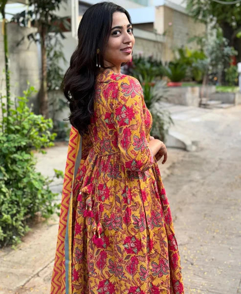 Floral Printed Anarkali Yellow Kurta And Pant Set With Dupatta