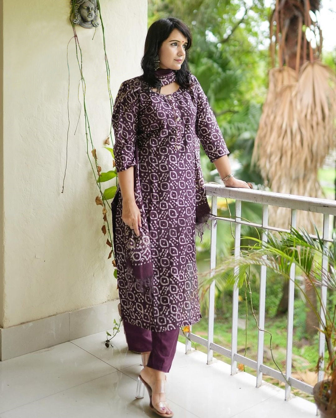 Women Viscose Printed Purple Kurta And Pant Set With Dupatta
