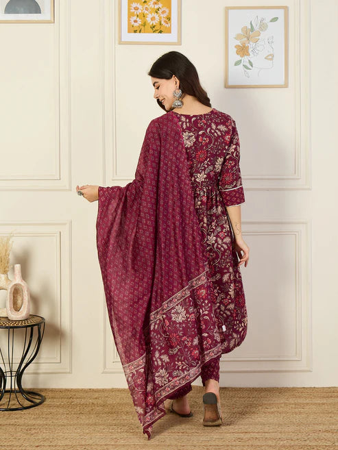 Floral Printed Anarkali Maroon Kurta and Pant Set With Dupatta