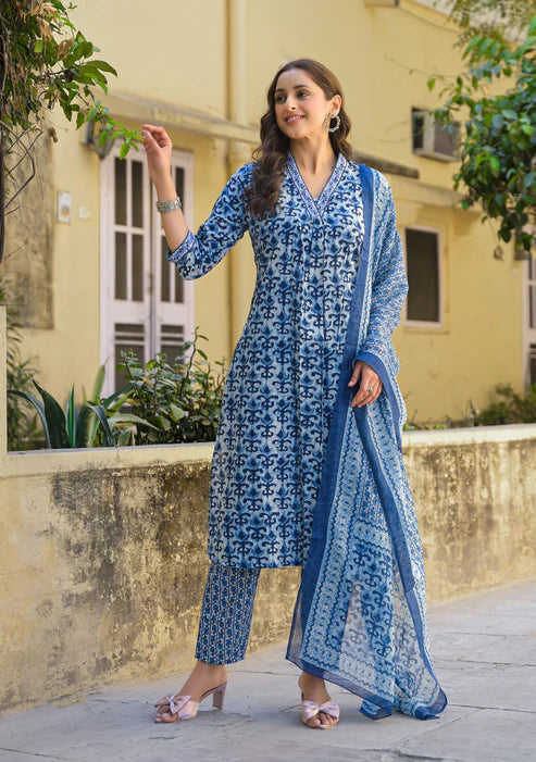 Printed A-Line Blue Kurta And Pant Set With Dupatta