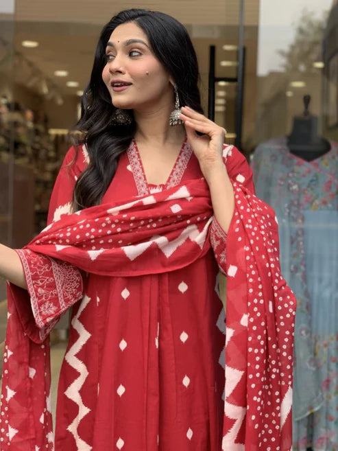 Printed A-Line Red Kurta and Pant Set With Dupatta