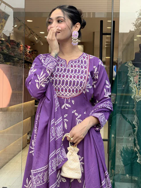 Printed Anarkali Purple Kurta and Pant Set With Dupatta