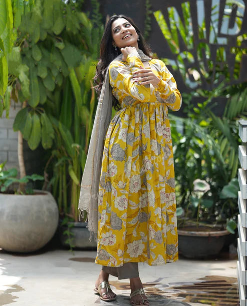 Printed Anarkali Kurta and Pant Set With Dupatta