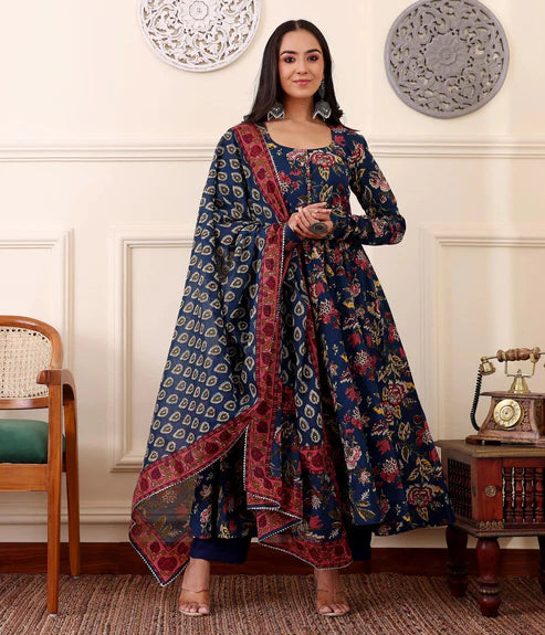 Printed Anarkali Blue Kurta and Pant Set With Dupatta