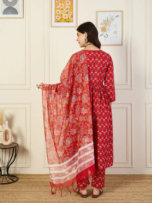 Printed Anarkali Red Kurta and Pant Set With Dupatta