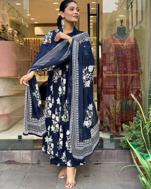 Printed A-Line Blue Kurta and Pant Set With Dupatta