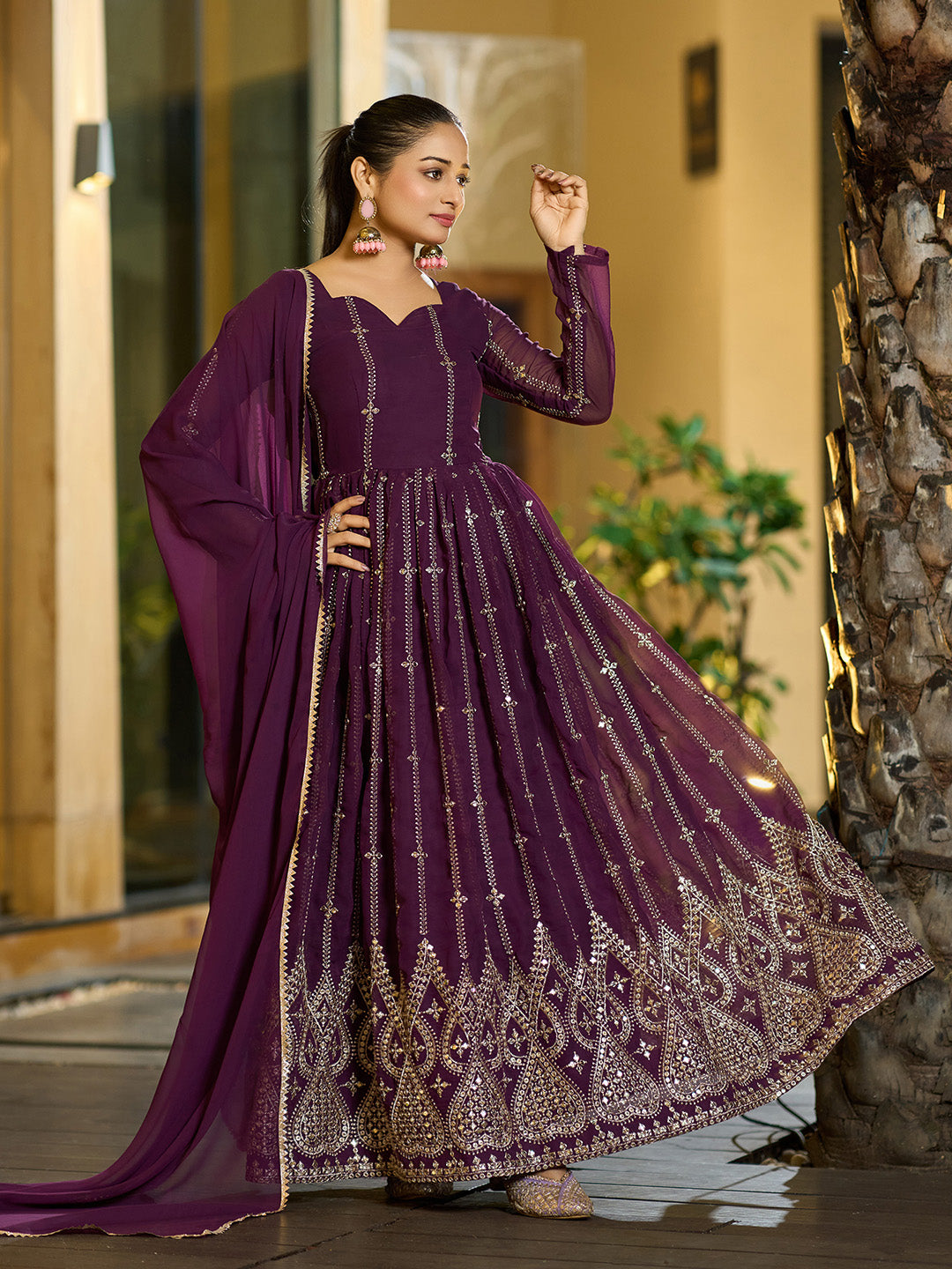 Embroidered Georgette Stitched Anarkali Gown With Dupatta