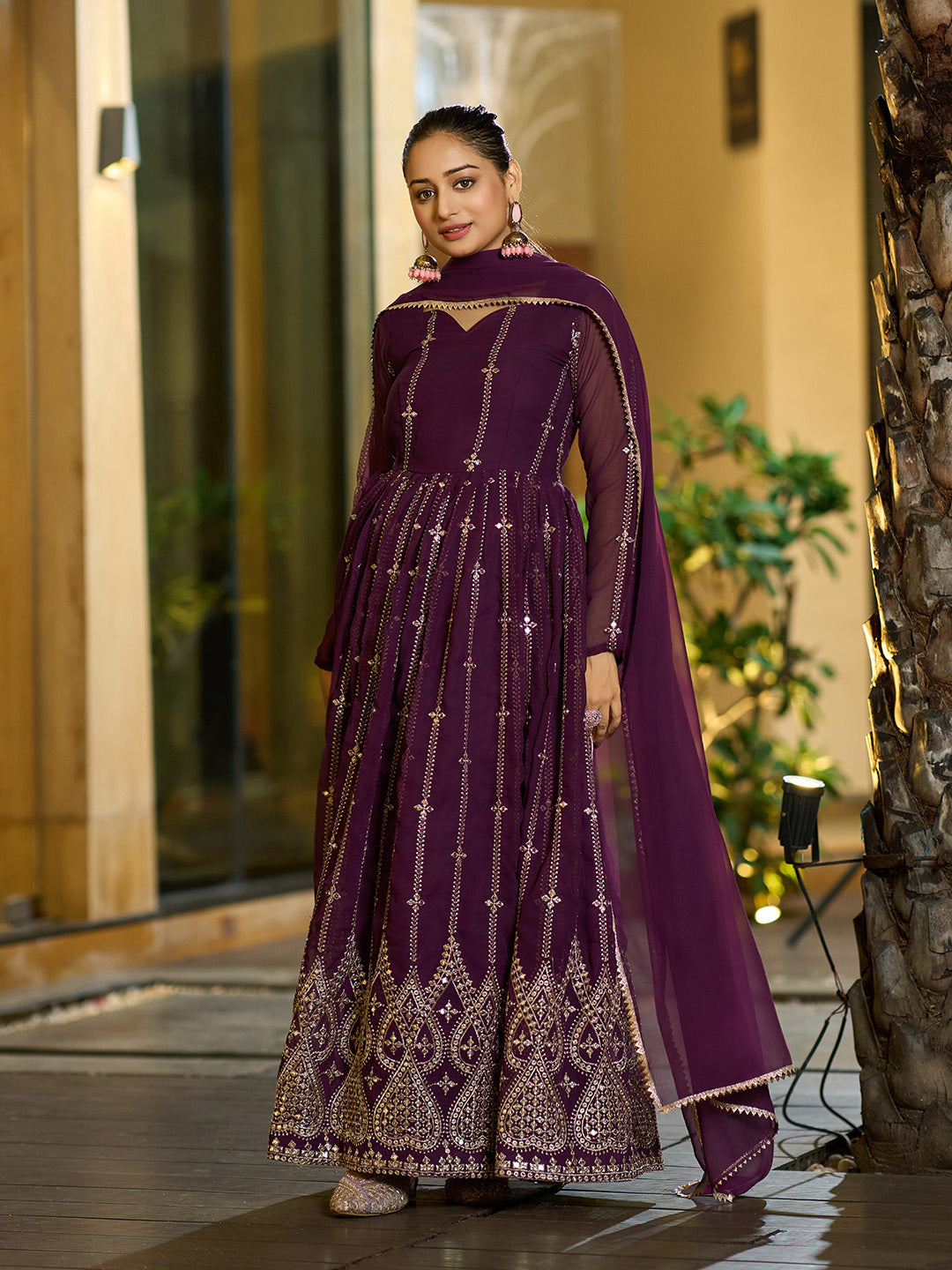 Embroidered Georgette Stitched Anarkali Gown With Dupatta