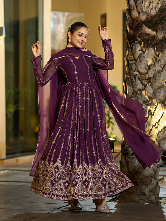 Embroidered Georgette Stitched Anarkali Gown With Dupatta