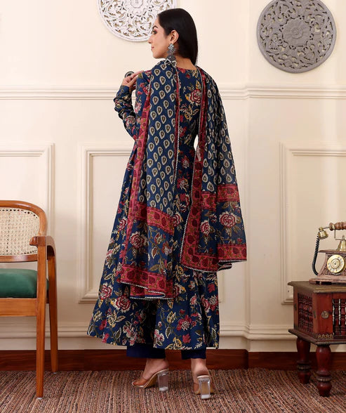 Printed Anarkali Blue Kurta and Pant Set With Dupatta