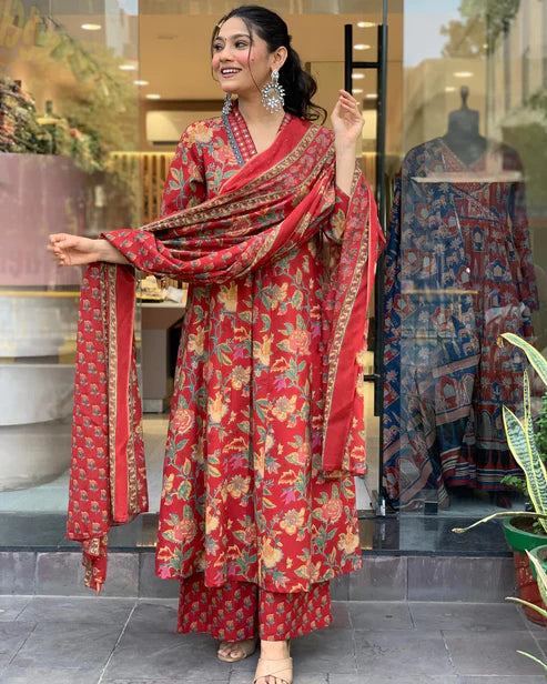 Printed A-Line Red Kurta and Pant Set With Dupatta