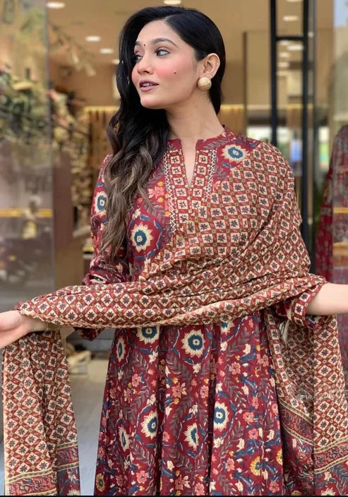 Printed A-Line Kurta and Pant Set With Dupatta