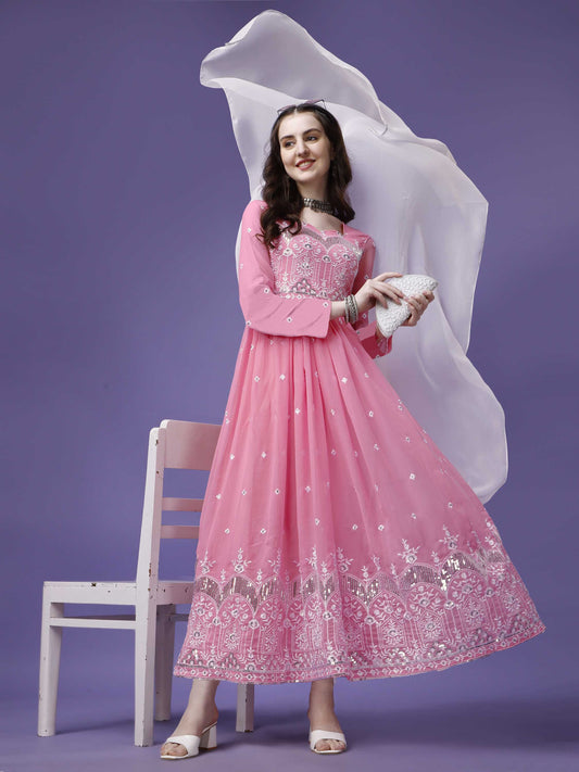 Embroidered Georgette Stitched Anarkali Gown With Dupatta