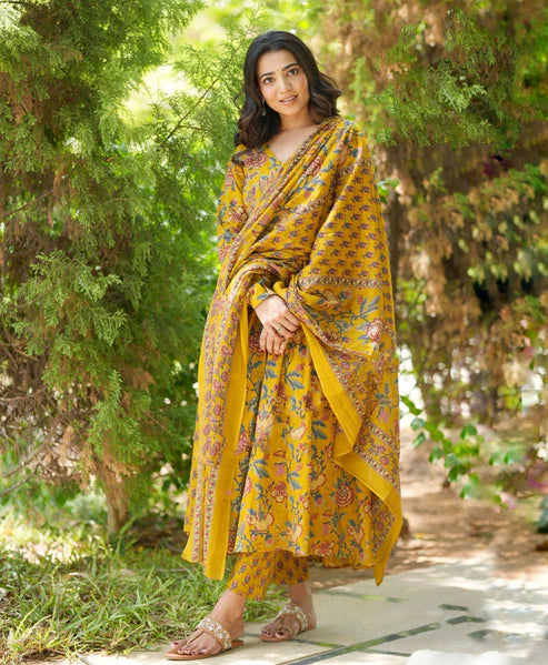 Printed Floral Anarkali Yellow Kurta and Pant Set With Dupatta