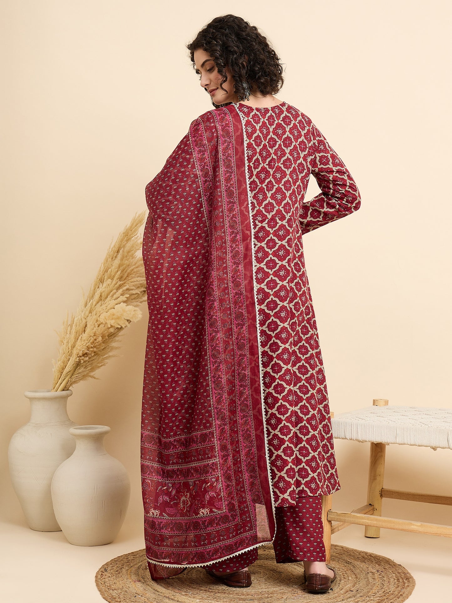 Women Viscose Maroon A-Line Kurta And Pant Set With Dupatta